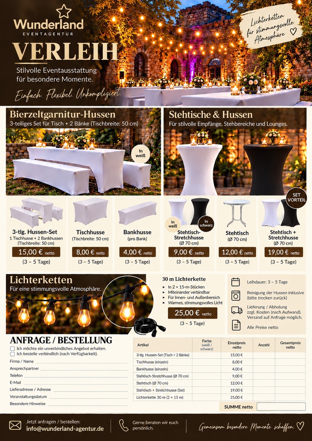 WUNDERLAND Eventverleih - Bestellformular WUNDERLAND Eventverleih - Bestellformular